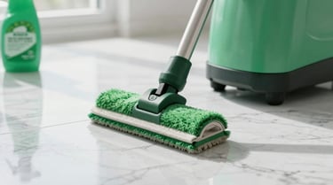 Close-up of professional cleaning equipment and eco-friendly products on a polished marble floor, bright natural light reflecting off clean surfaces, forest green accents