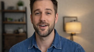 Smiling man with a beard wearing a denim shirt in a professional home office setting.