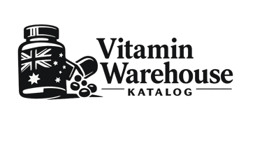 Vitamin Warehouse Katalog logo featuring a vitamin bottle with an Australian flag design.