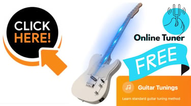 Free online guitar tuner tool featuring a white electric guitar with blue glowing strings.