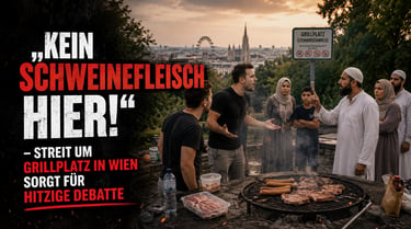 A heated debate between men over pork at a Vienna grill station with city views and German text.