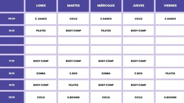 Horario clases colectivas Elysium centro deportivo