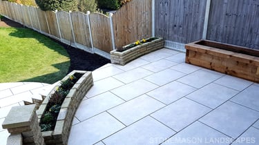 Elevated raised porcelain patio renovation and lawn relevelling 