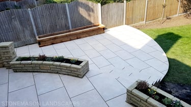Elevated raised porcelain patio renovation and lawn relevelling 