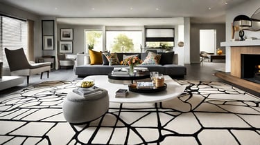 a living room with a large rug and a fireplace