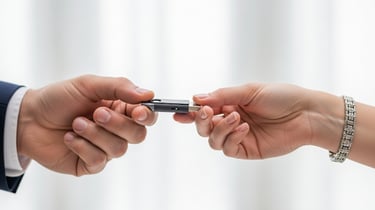 uomo che consegna il progetto dentro una chiavetta usb ad una donna