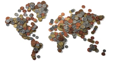 a world map of coins and coins in the shape of a world map