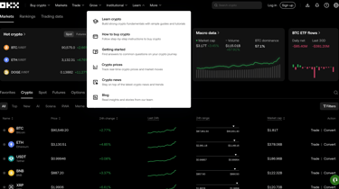 Screenshot of the OKX trading platform interface with real-time crypto prices, charts, and market tr