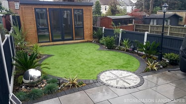 Exotic Modern Dynamic Designer Circle Lawn Tropical Small Garden With Garden Office Summer House