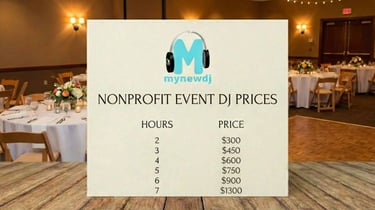 a card with nonprofit event dj prices sitting on a wooden table with a backdrop of a banquet room
