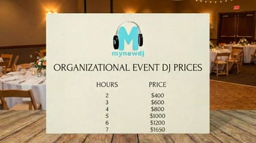 a card with private event dj prices sitting on a wooden table with a backdrop of a banquet room