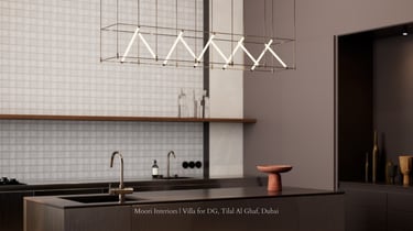 Minimalist kitchen with sculptural pendant light, matte fixtures, and grid-tiled backsplash