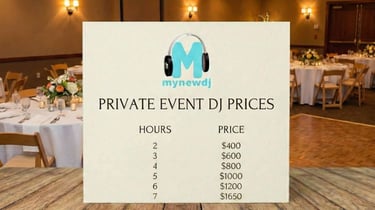 a card with private event dj prices sitting on a wooden table with a backdrop of a banquet room