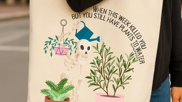 Eco-friendly plant-themed tote bag with illustrated plants and watering can artwork — Miss Chatty Plants accessories.