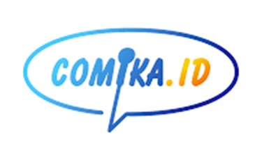 Comika.id official logo featuring a blue speech bubble and microphone stand icon for comedy media.