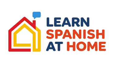 Learn Spanish at Home logo featuring a colorful house icon with a blue speech bubble.