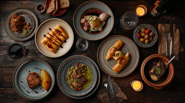 Overhead view of various gourmet tapas plates on a dark wooden table with candles and wine.