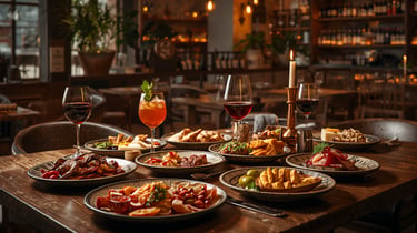 Gourmet appetizers and wine glasses served on a rustic wooden table in a dimly lit restaurant.