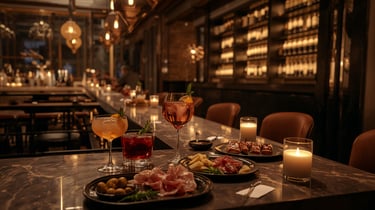 Elegant cocktail drinks and Italian charcuterie appetizers on a marble bar in a dimly lit lounge.