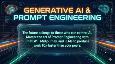 Glowing Generative AI & Prompt Engineering course interface with digital brains.