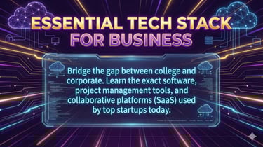 Futuristic Essential Tech Stack for Business course display with cloud network graphics.
