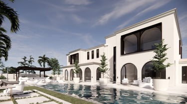 Modern luxury villa with white arched windows and a reflection in the outdoor swimming pool.