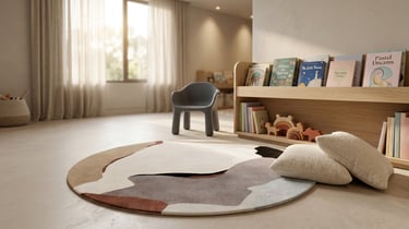Hand-tufted round contemporary abstract area rug with neutral earth tones from Indian Manufacturer