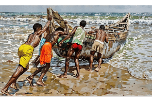 a group of men are pushing a boat in to the water