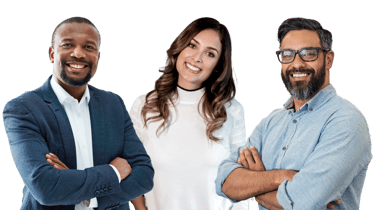 black man in blue blazer and white woman in white sweater and white male in blue shirt