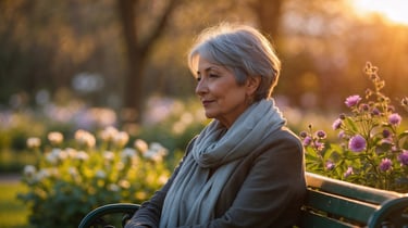 Middle-aged woman with gray-streaked hair sitting on a park bench surrounded by blooming flowers 