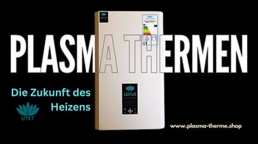 Moderne Lotus Plasma-Therme vor schwarzem Hintergrund mit UTET-Logo und Werbeslogan