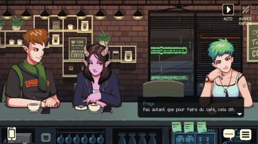 Capture d'écran de Coffee Talk sur PC où l'on voit trois personnages qui discutent.