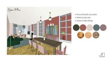 3D visual of the open plan living dining area with colour scheme and textures
