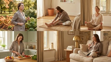 Donna in momenti di benessere quotidiano: camminata, meditazione, cucina sana e relax.