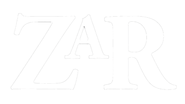 a white and black logo with the word ZAR