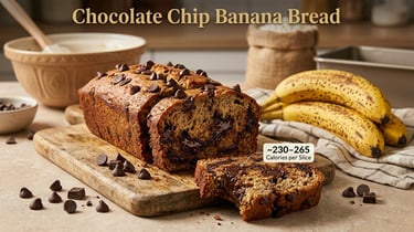 Chocolate chip banana bread with melted chocolate pieces and ripe bananas, showing a rich and indulg
