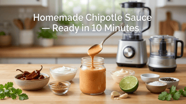 Homemade creamy chipotle sauce in a jar with Greek yogurt, chipotle peppers, lime, garlic, and spice