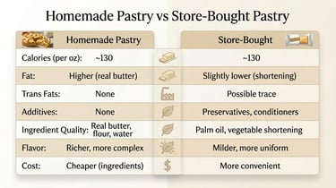 Comparison table of homemade pastry vs store bought showing calories, fat, additives, ingredient qua