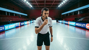 Professional sports referee blowing a whistle on an indoor court in a large arena.