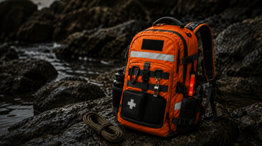 Orange tactical emergency survival backpack with first aid kit and gear on a rocky coastline.