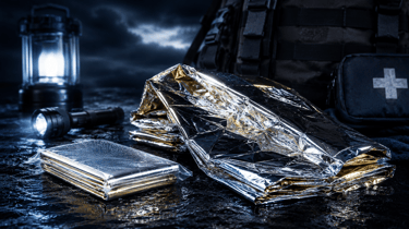 Emergency thermal space blanket with a survival kit, first aid bag, and flashlight outdoors at night.