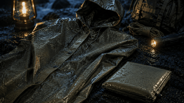Durable waterproof green rain poncho and camping gear set on wet rocks at night.