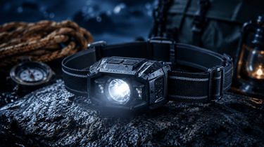 Waterproof LED headlamp with adjustable strap glowing on a wet rock during a night camping trip.