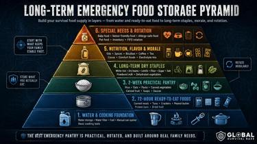 A long-term emergency food storage pyramid infographic showing survival supply layers from water to staples.