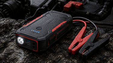 Portable car jump starter with jumper cables and LED flashlight resting on a rock near a vehicle engine.