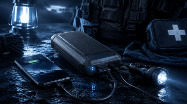 Rugged portable power bank charging a smartphone and tactical flashlight during outdoor camping.