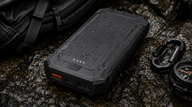 A waterproof portable power bank with water droplets sits on a rock next to a compass and backpack.