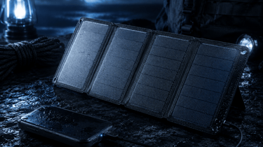 A portable solar panel charger powering a smartphone outdoors during a rainy night with camping gear.