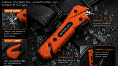 Orange emergency car window breaker and seatbelt cutter tool with hardened steel tip and ergonomic grip.