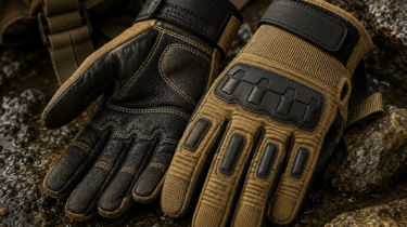Durable tan and black tactical combat gloves with reinforced knuckles laying on wet rocks.